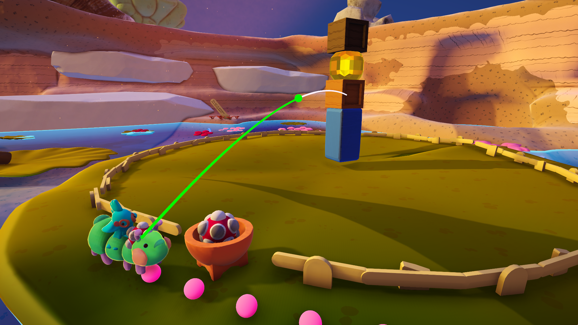 Painted Waters game play showing tossing Boomy Poppers at Block Tower