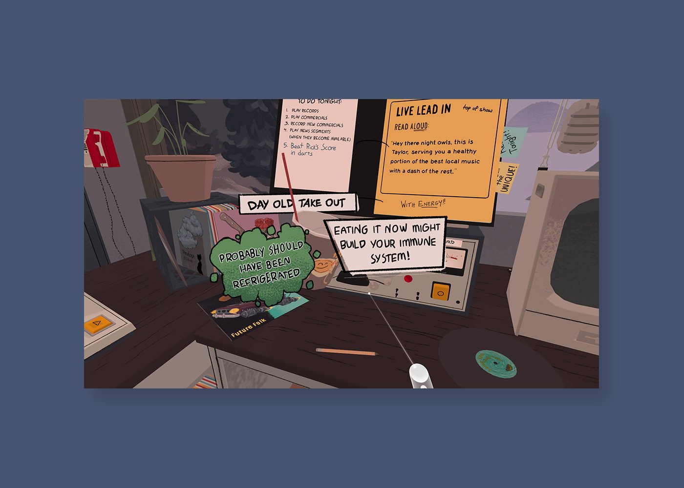 Untethered VR game play showing environmental UI popups