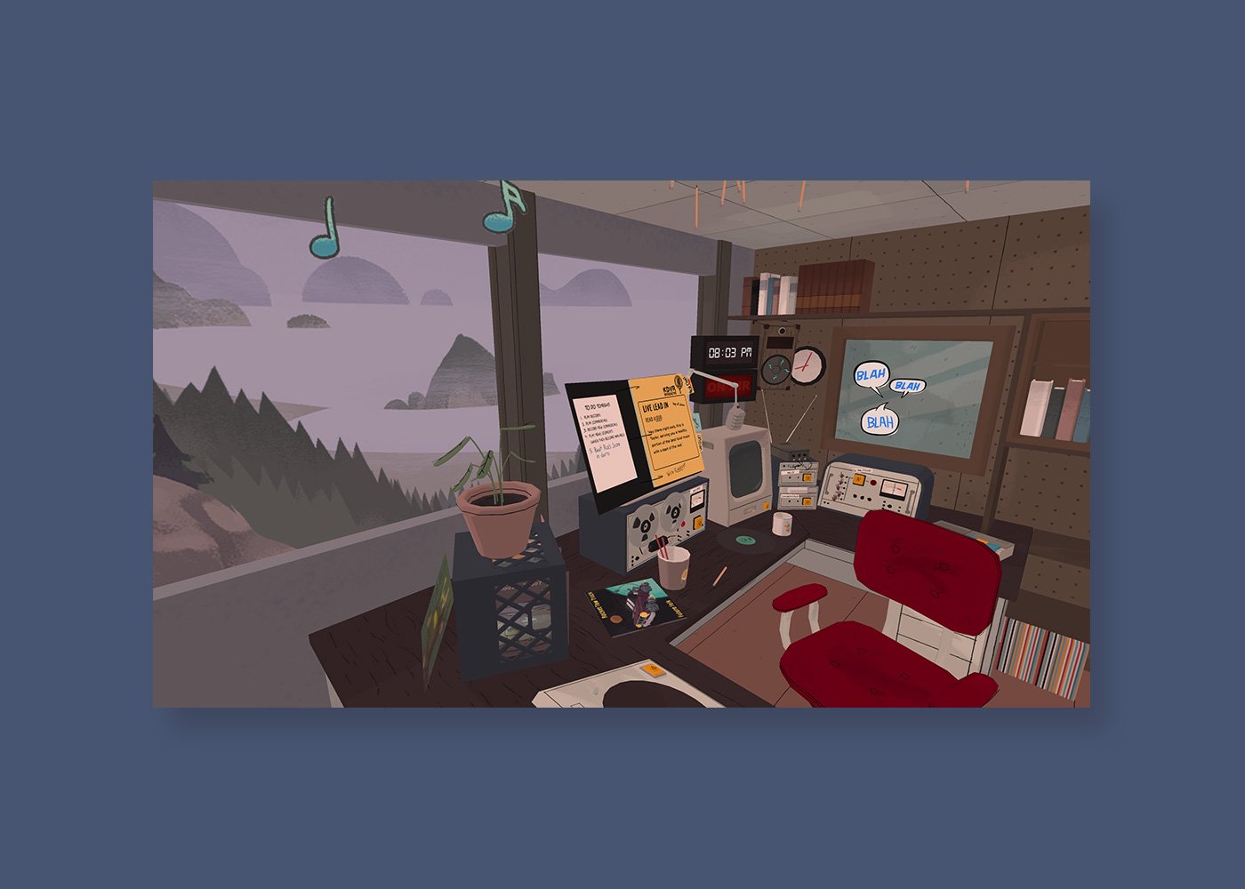 Untethered VR game play looking out window at Oregon coast from radio station