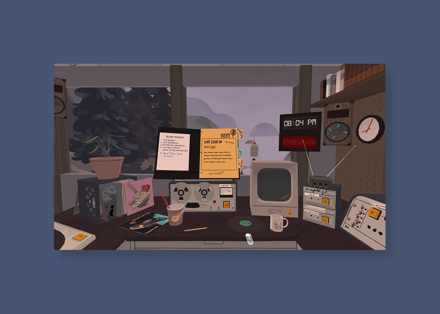 Untethered VR gameplay in a radio station with messy desk