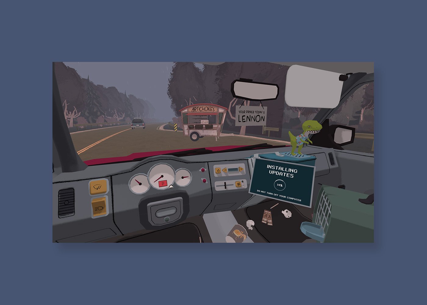 Untethered VR gameplay with truck pulled over at roadside stand