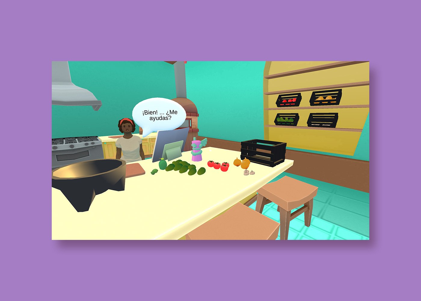 Busuu Learn Spanish VR gameplay creating salsa in the kitchen