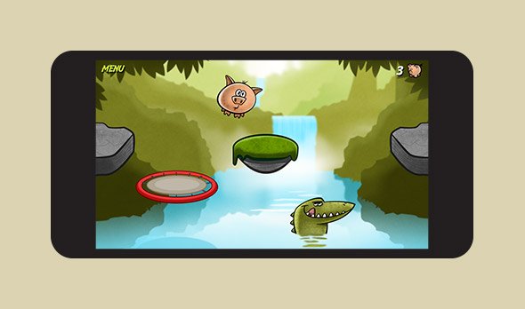 Crocodile Crossing gameplay with large pig bouncing off of trampoline and hungry crocodile in the water