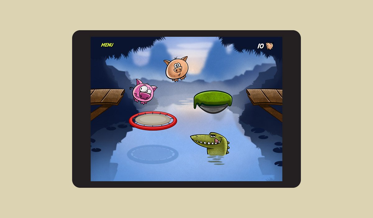 Crocodile Crossing gameplay with two pigs bouncing off of a trampoline