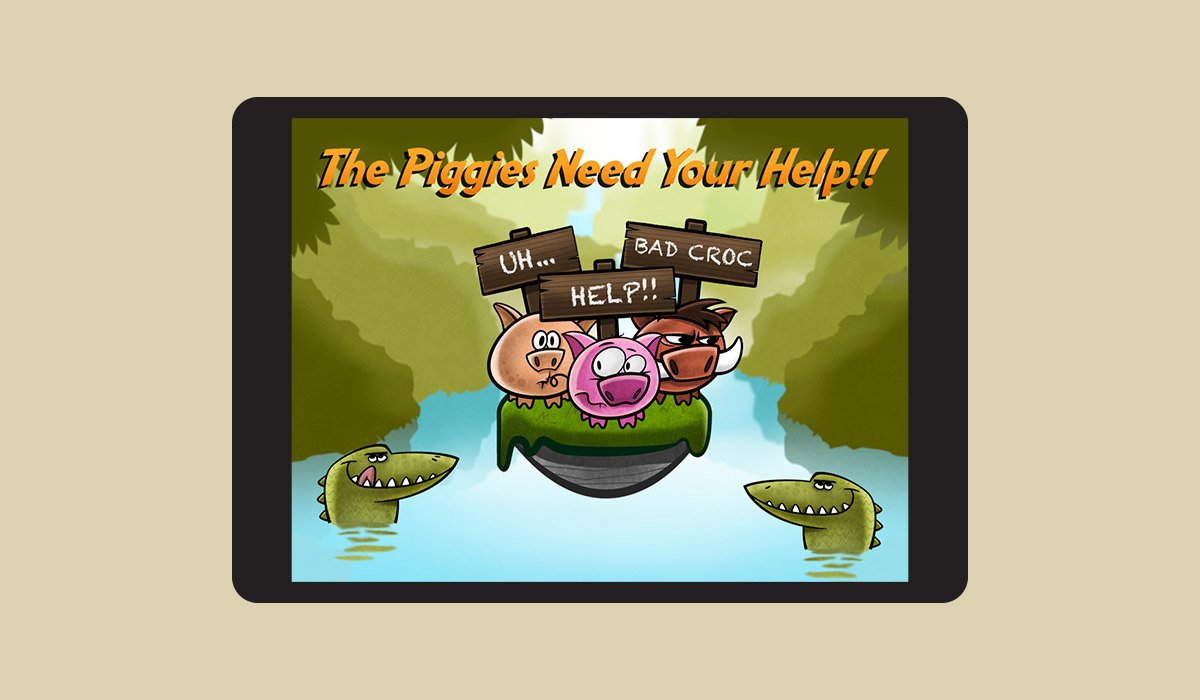 Crocodile Crossing on mobile device with pigs crowded on floating platform asking for help