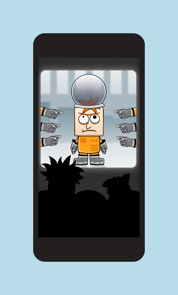 Draw Breaker people pointing an laughing at Professor Blockowski not being able to wear an astronaut helmet