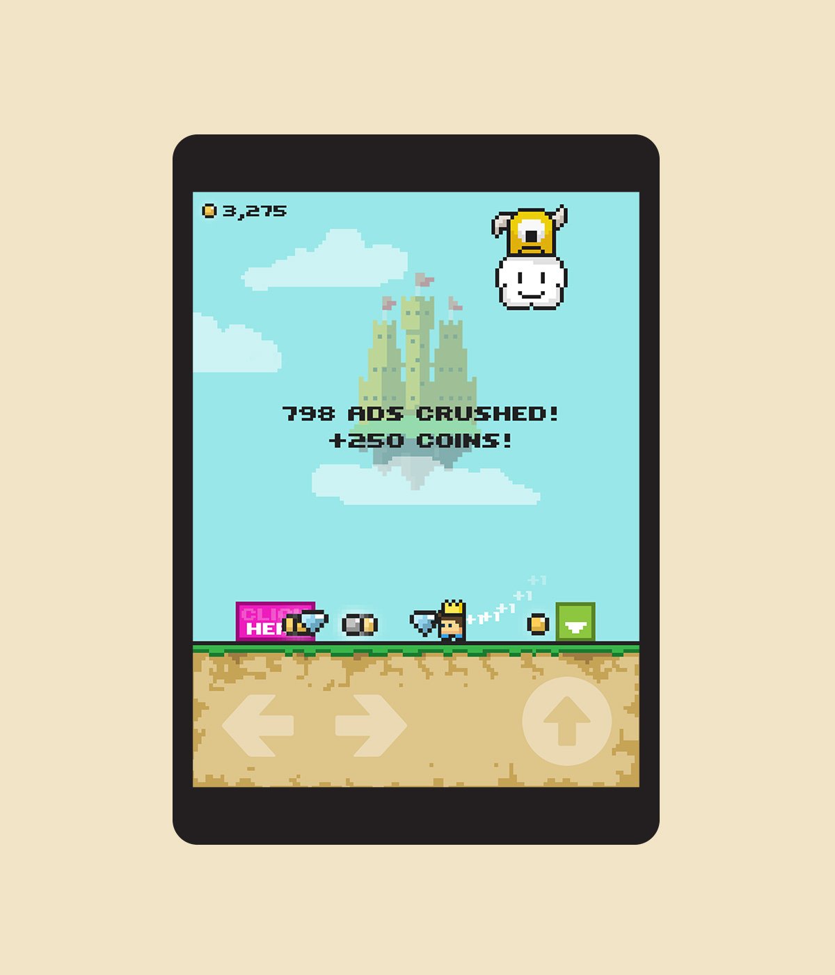 FFFFF2P gameplay showing number of ads crushed on mobile device