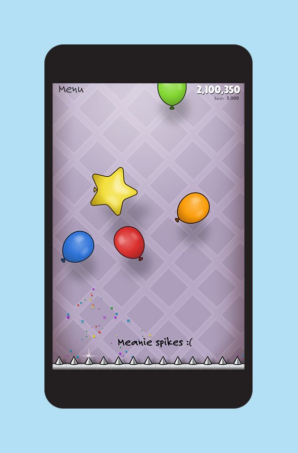 Mobile device showing Float gameplay with balloons falling from top of screen and a row of spikes at the bottom