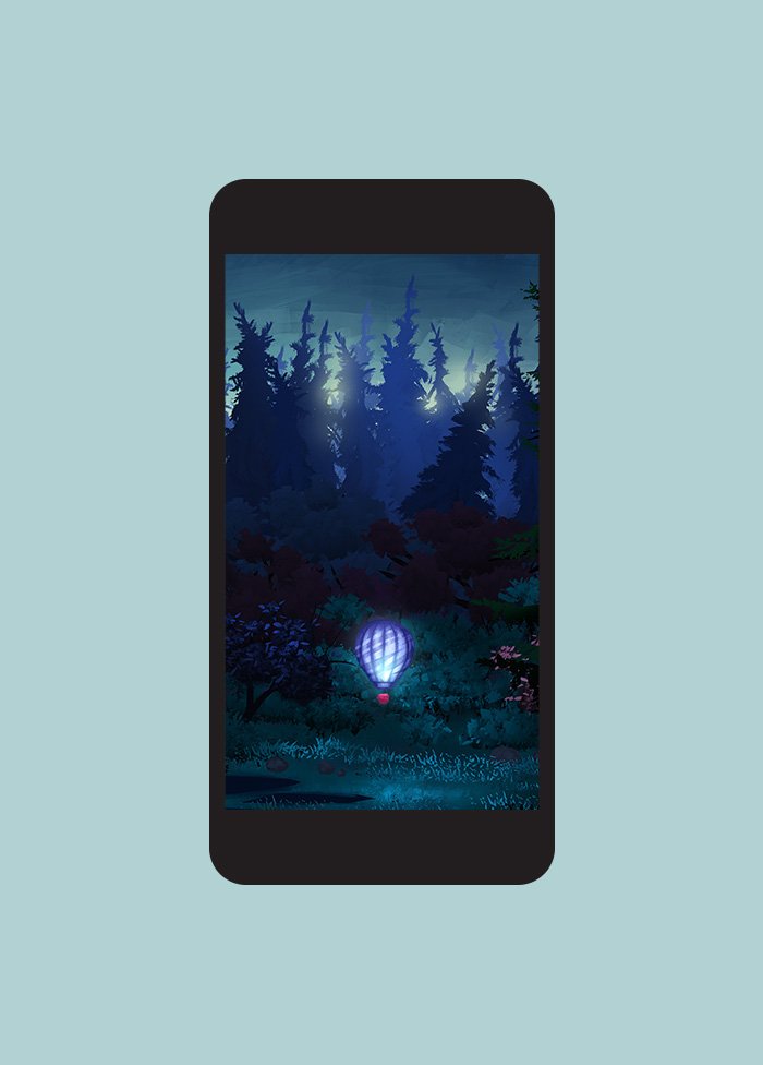 Galaxies of Hope gameplay with hot air balloon in forest at night