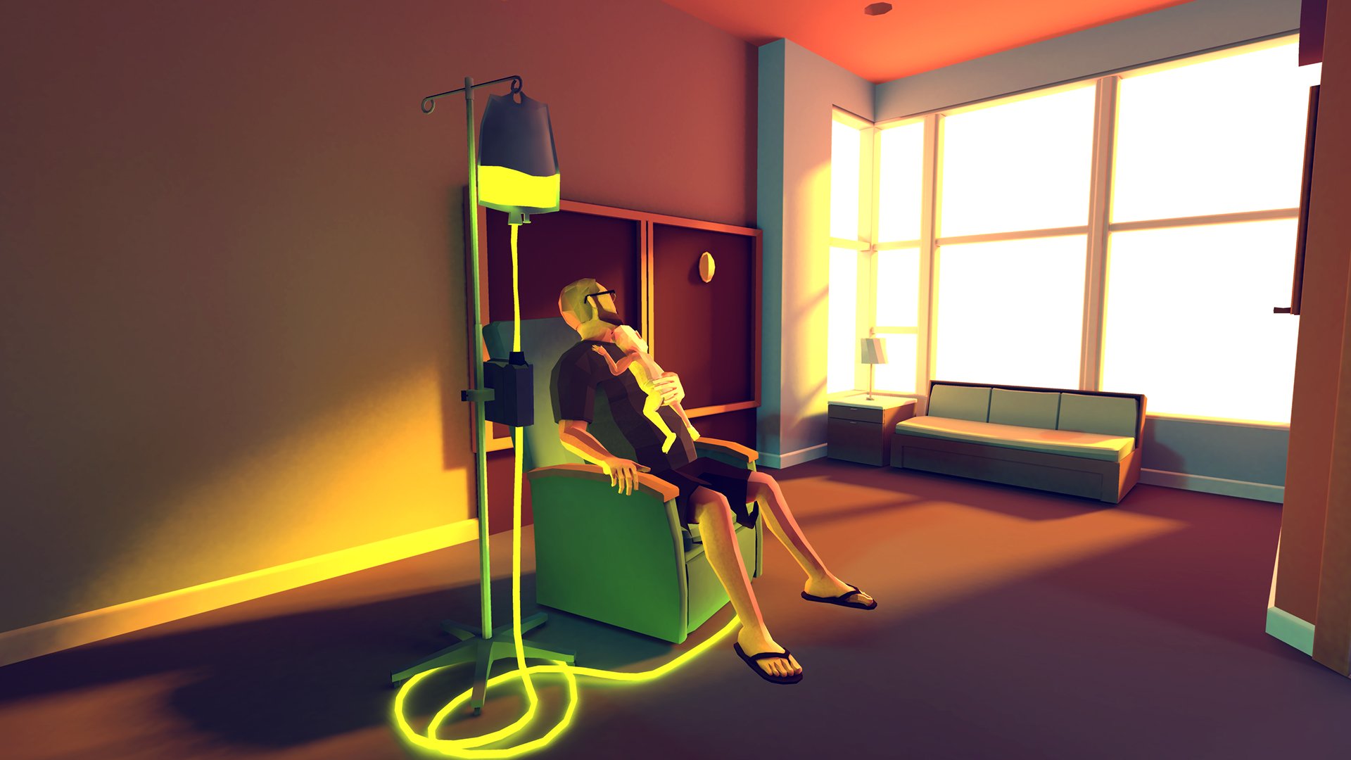 That Dragon, Cancer gameplay Ryan holding Joel in hospital hooked up to chemotherapy