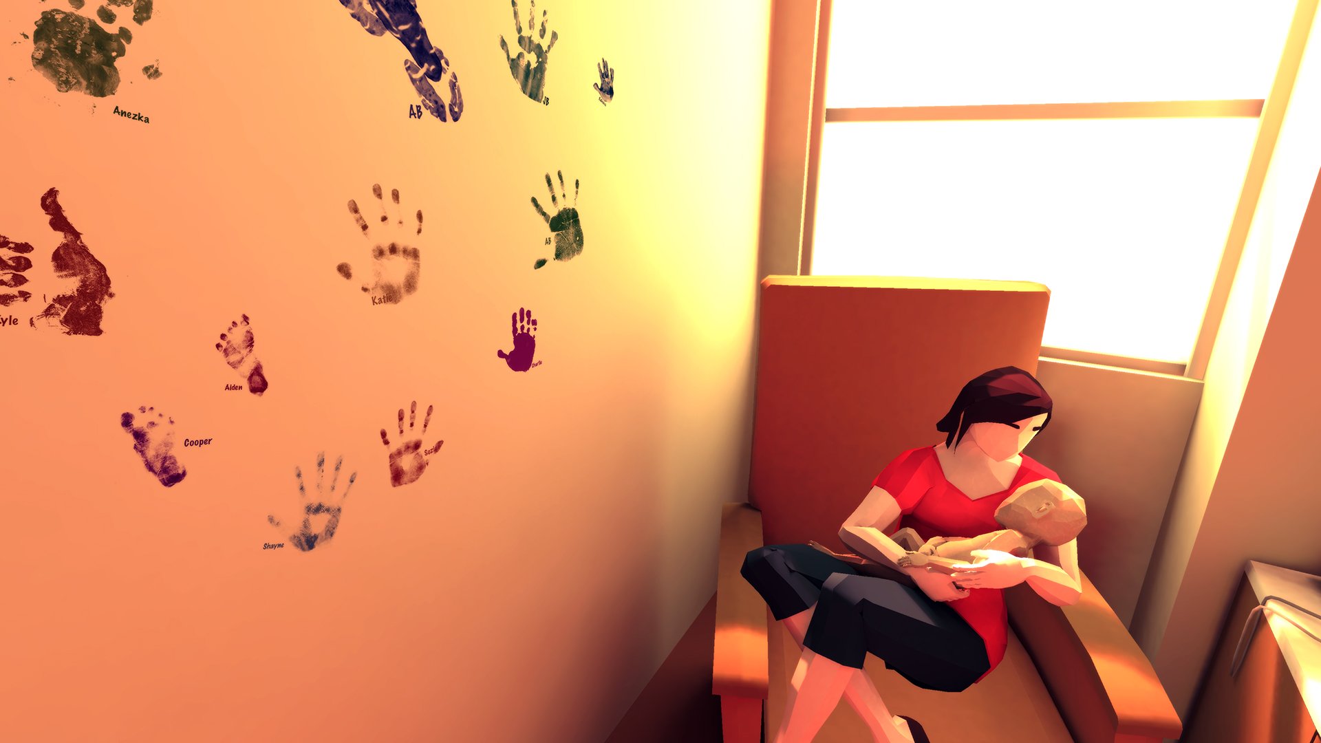That Dragon, Cancer gameplay Amy holding Joel with hand prints painted on the hospital wall
