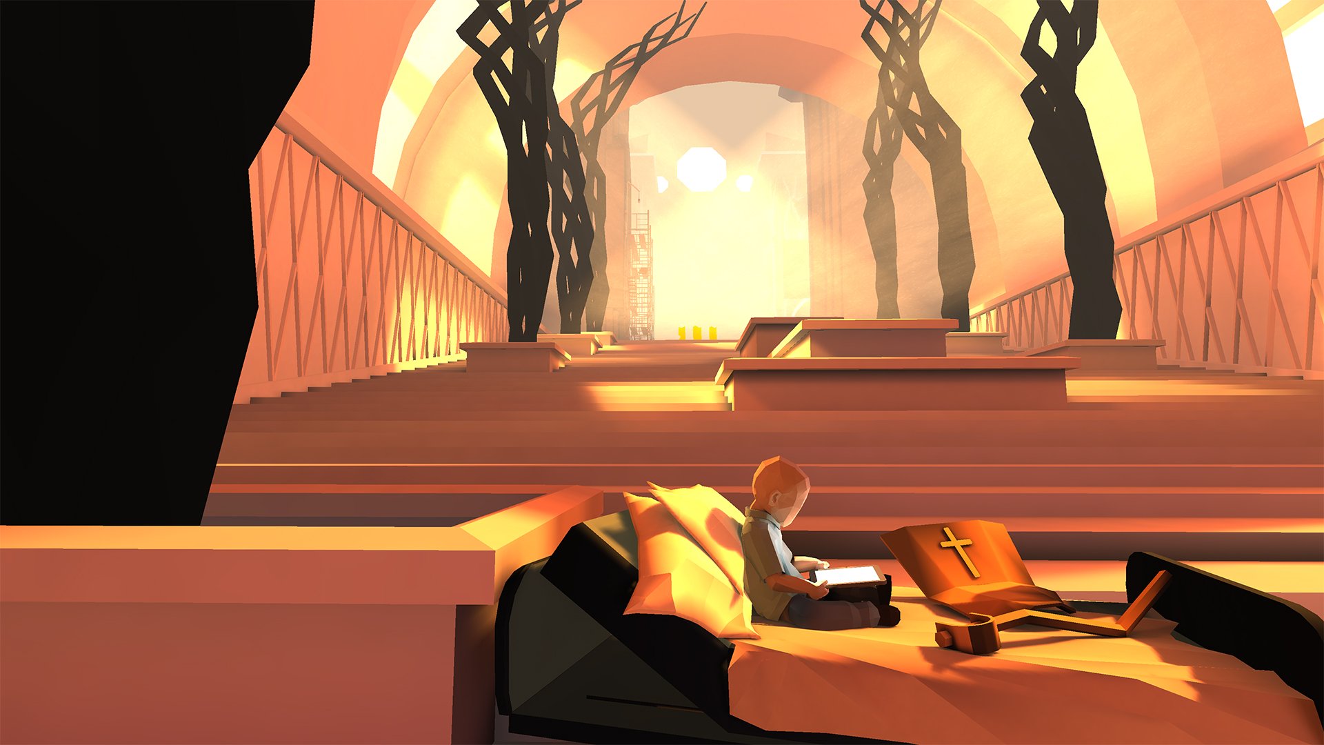 That Dragon, Cancer gameplay Joel on hospital bed in a cathedral