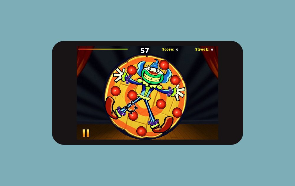 Knife Toss game play screen with a clown strapped to a spinning wheel surrounded by balloons