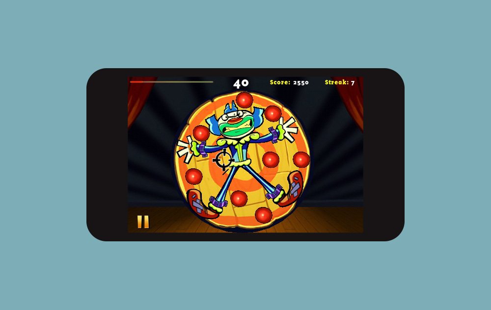 Knife Toss gameplay with angry clown on spinning wheel