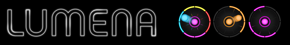 Lumena logo next to three game boards with lights and discs being flung