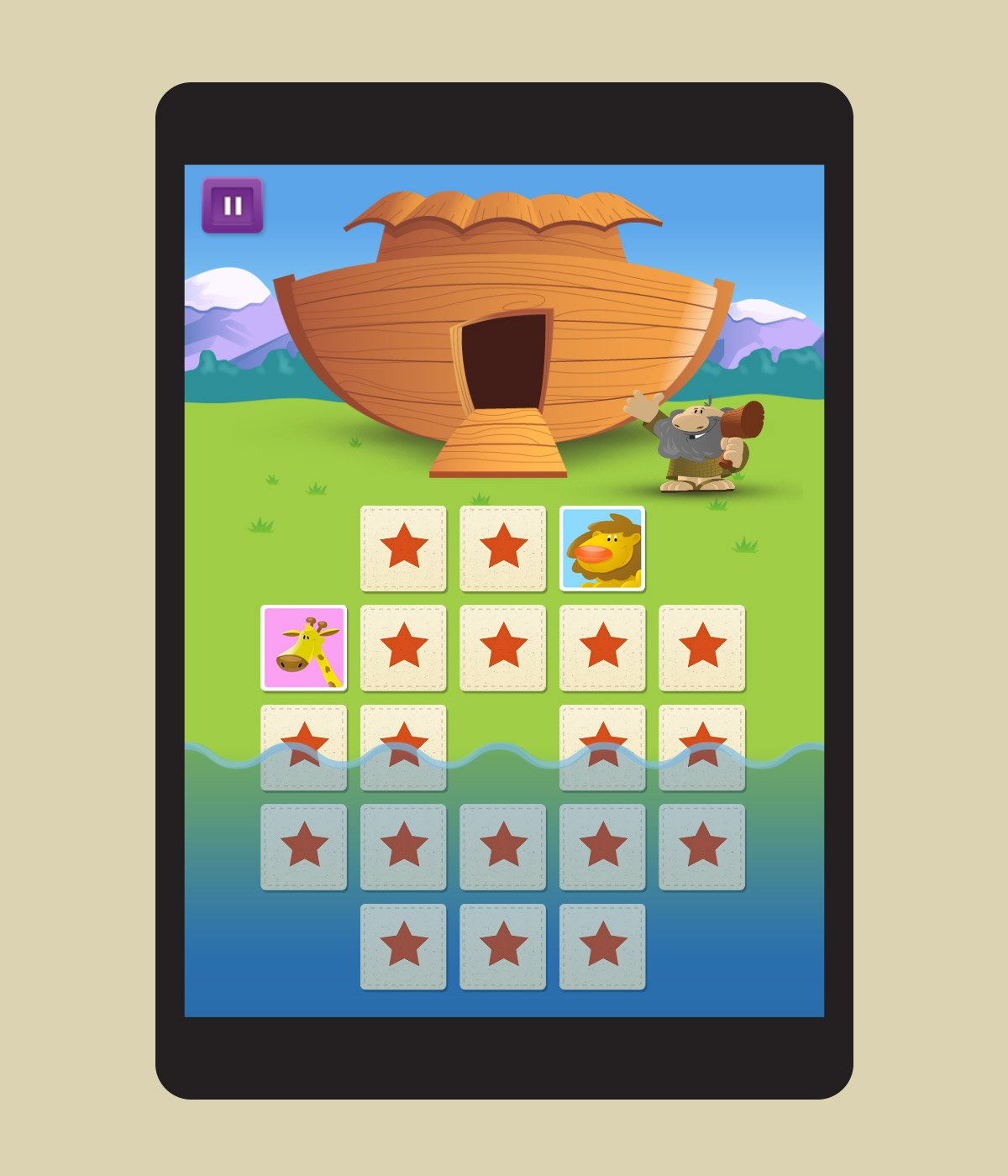 Noah's Memory Match gameplay showing rising float water and game board